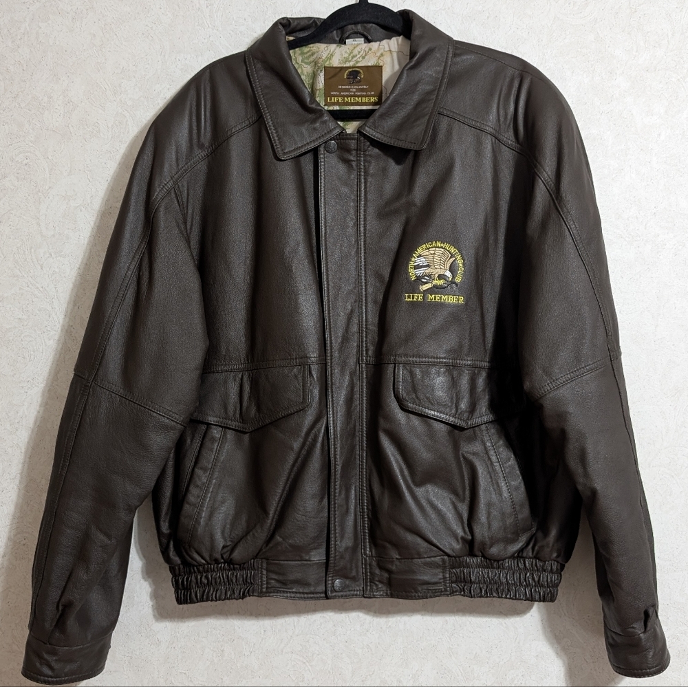 Leather Bomber Jacket North American Hunting Club Life Member Coat Vintage XL